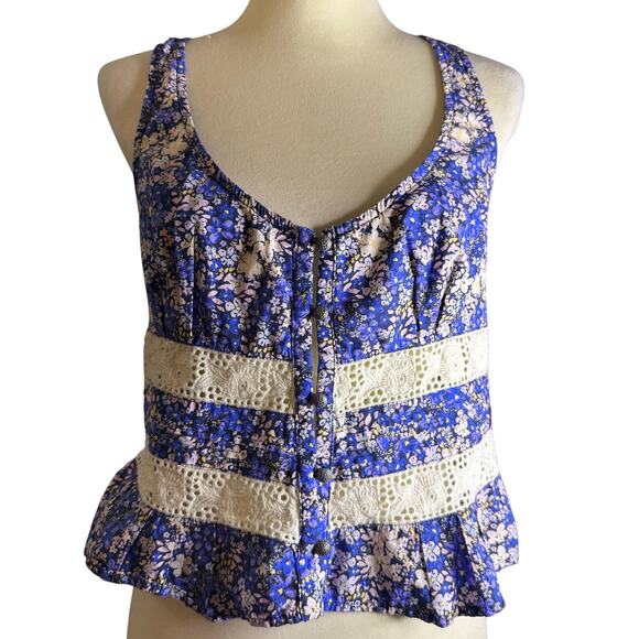 Free People Kiana Lace Tank Printed in Blue Combo, Size Large - Picture 1 of 8